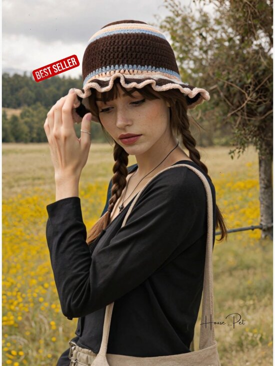 Handmade Crochet Bucket Hat Fluffy Ruffled Brim Boho Camouflage Unisex main image 5